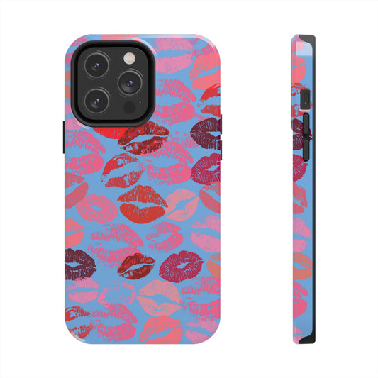 Lipstick Print iPhone Cases (Blue Background)