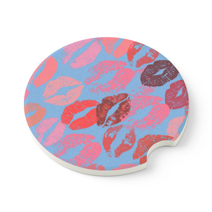 Lipstick Print Car Coasters (Blue Background)