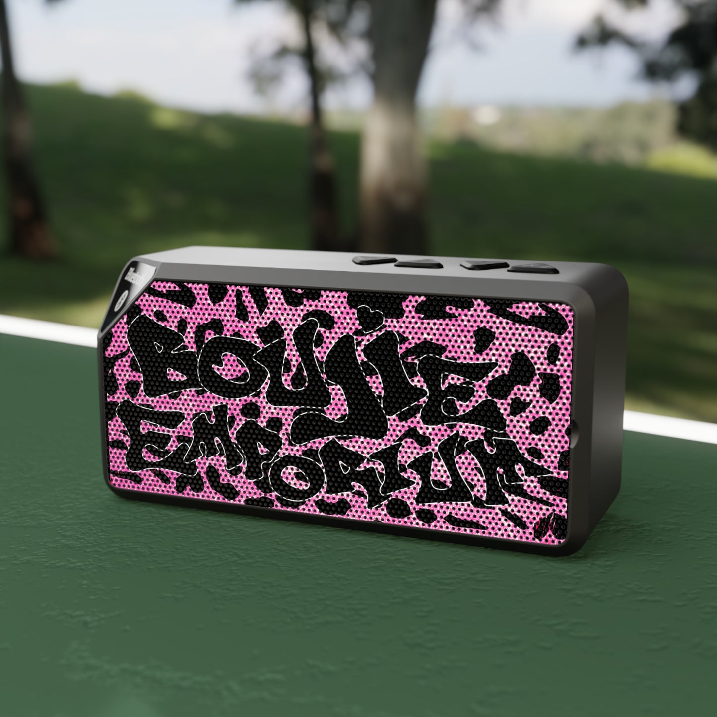 Pink And Black Sparkly Cheetah Print Boujie Emporium Logo Bluetooth Mini Speaker