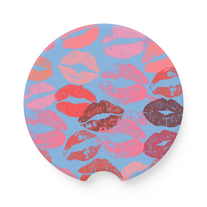 Lipstick Print Car Coasters (Blue Background)